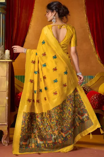 Yellow cotton katha work & pum pum casual wear saree