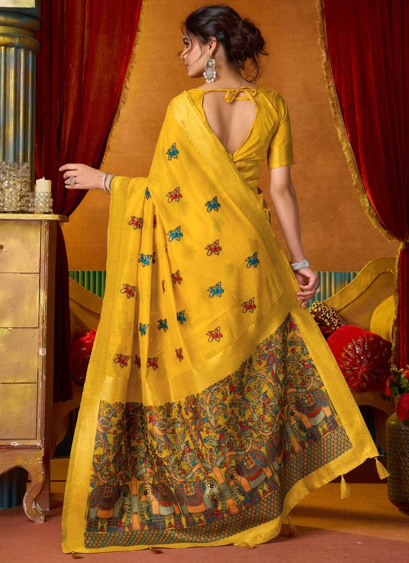 Yellow cotton katha work & pum pum casual wear saree