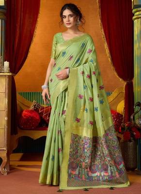 Pista cotton katha work & pum pum casual wear saree 1
