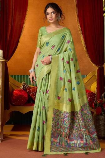 Pista cotton katha work & pum pum casual wear saree