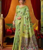 Pista cotton katha work & pum pum casual wear saree