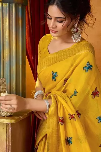 Yellow cotton katha work & pum pum casual wear saree