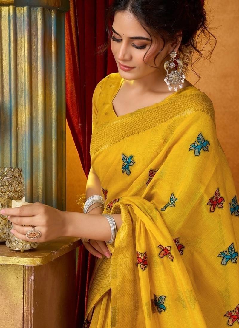 Yellow cotton katha work & pum pum casual wear saree