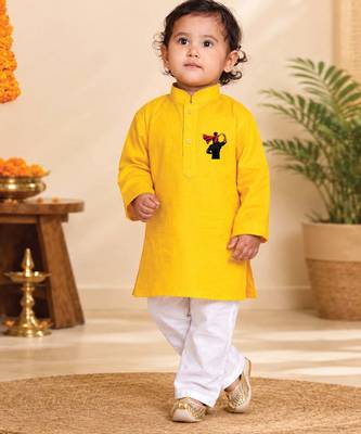 Boys yellow pure cotton father's day kurta pyjama set 1
