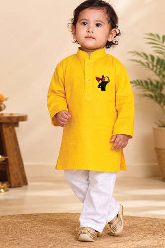 Boys yellow pure cotton father's day kurta pyjama set
