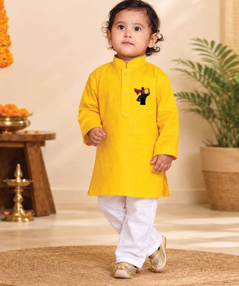 Boys yellow pure cotton father's day kurta pyjama set