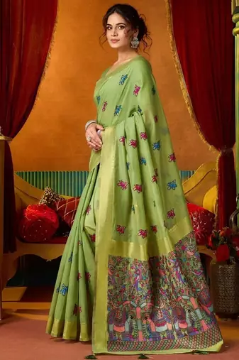 Pista cotton katha work & pum pum casual wear saree