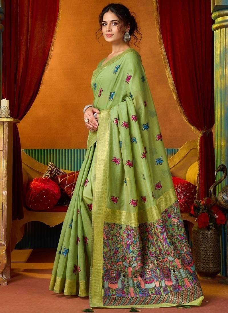 Pista cotton katha work & pum pum casual wear saree