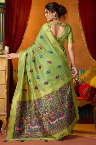 Pista cotton katha work & pum pum casual wear saree