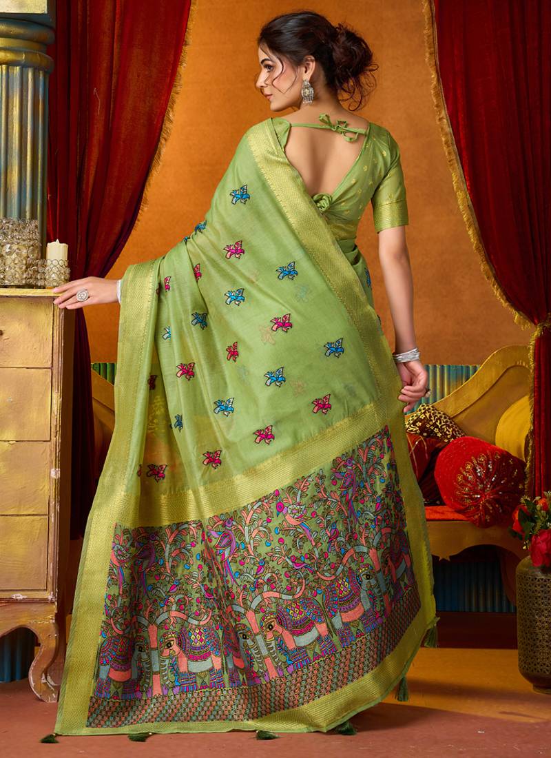 Pista cotton katha work & pum pum casual wear saree