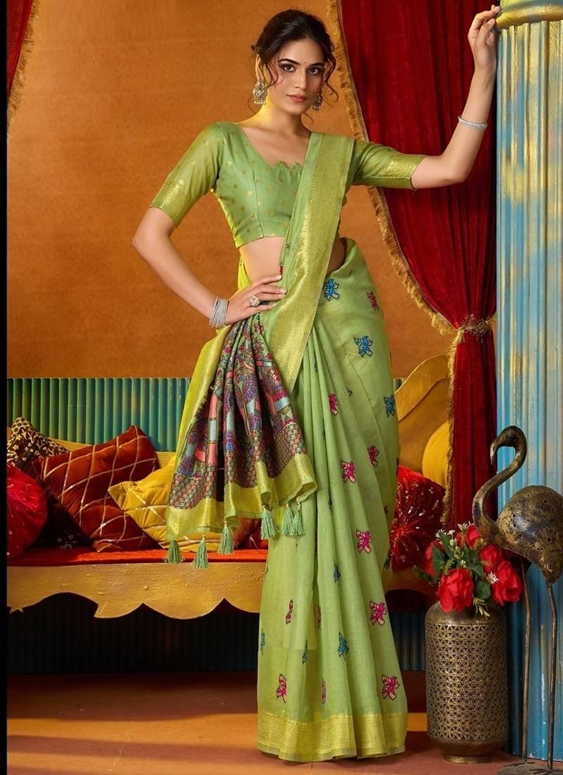 Pista cotton katha work & pum pum casual wear saree
