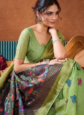 Pista cotton katha work & pum pum casual wear saree 5