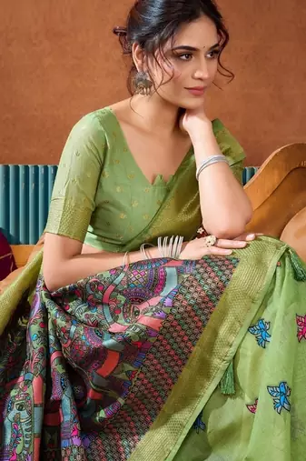Pista cotton katha work & pum pum casual wear saree