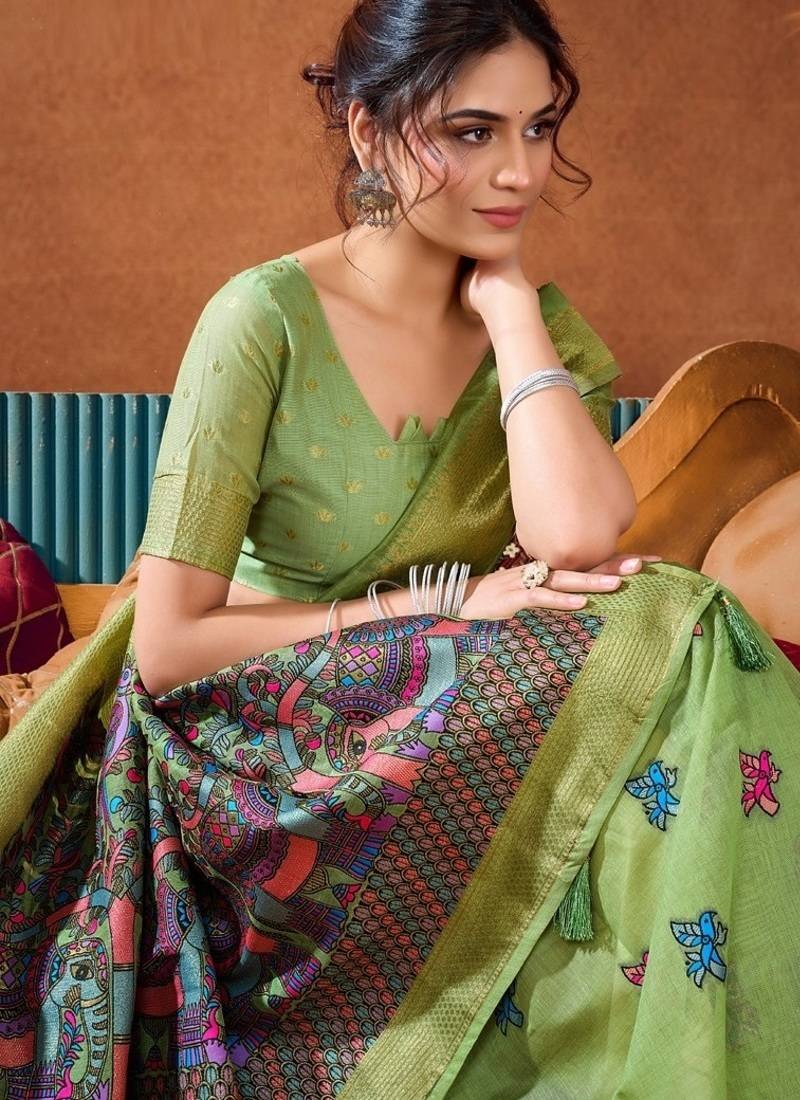 Pista cotton katha work & pum pum casual wear saree