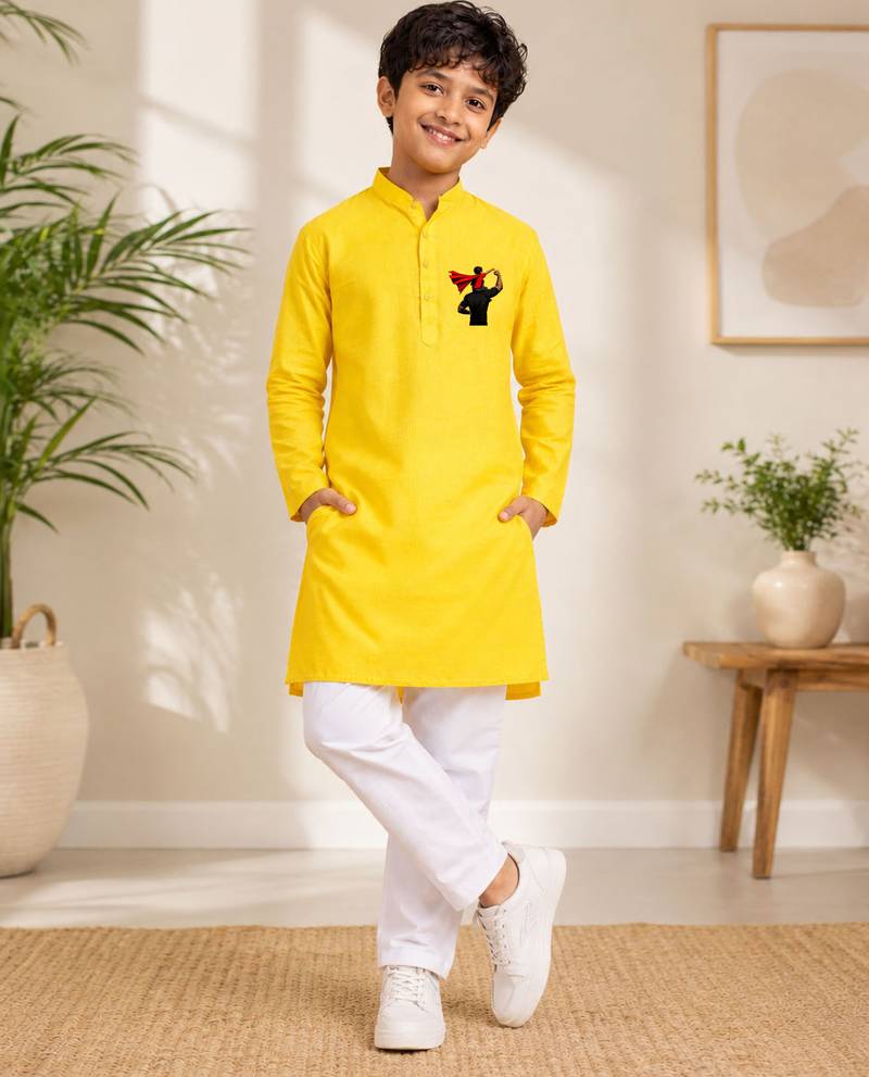 Boys yellow pure cotton father's day kurta pyjama set