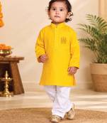 Boys yellow pure cotton father's day kurta pyjama set
