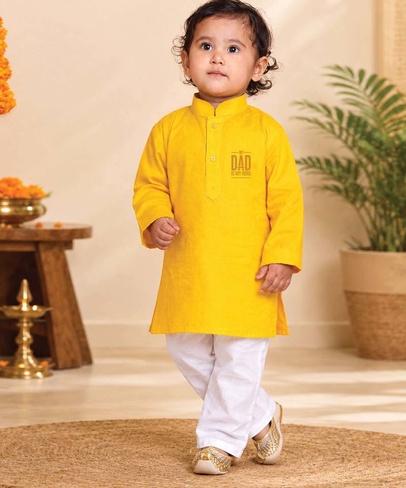 Boys yellow pure cotton father's day kurta pyjama set