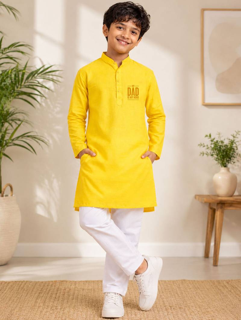 Boys yellow pure cotton father's day kurta pyjama set