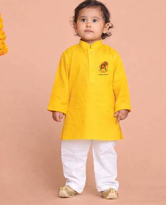 Boys yellow pure cotton onam special kurta pyjama set 1