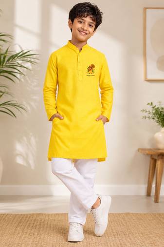 Boys yellow pure cotton onam special kurta pyjama set