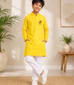 Boys yellow pure cotton onam special kurta pyjama set