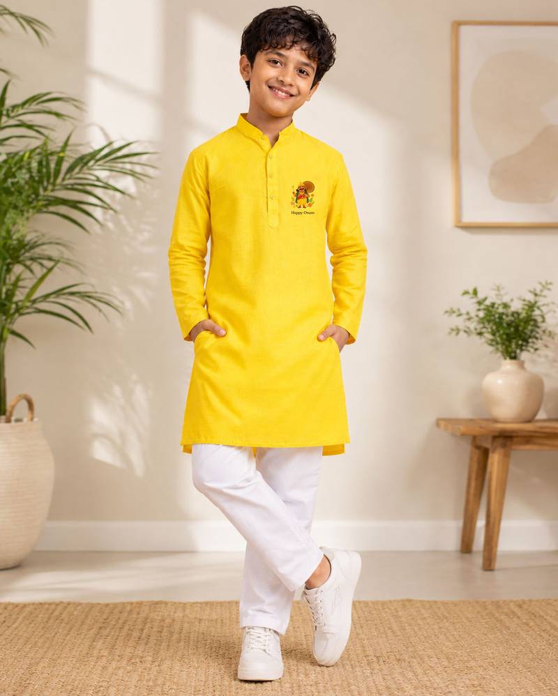 Boys yellow pure cotton onam special kurta pyjama set