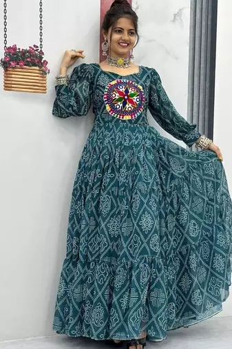 Navratri wear green bandhni printed gamathi & mirror work long flared gown