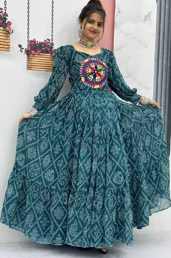 Navratri wear green bandhni printed gamathi & mirror work long flared gown