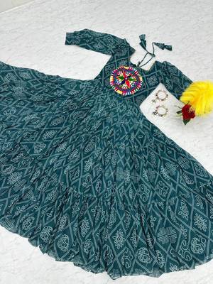 Navratri wear green bandhni printed gamathi & mirror work long flared gown 5