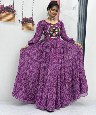 Navratri wear purple bandhni printed gamathi & mirror work long flared gown 2