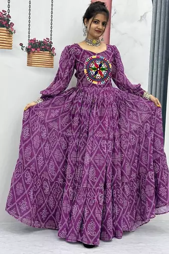 Navratri wear purple bandhni printed gamathi & mirror work long flared gown