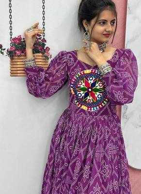 Navratri wear purple bandhni printed gamathi & mirror work long flared gown 3
