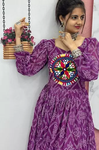 Navratri wear purple bandhni printed gamathi & mirror work long flared gown