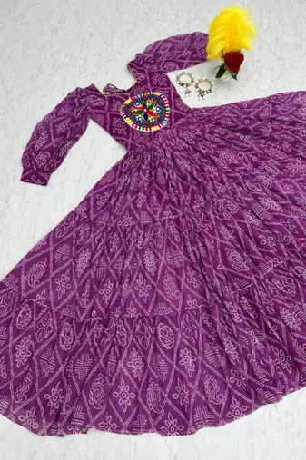 Navratri wear purple bandhni printed gamathi & mirror work long flared gown