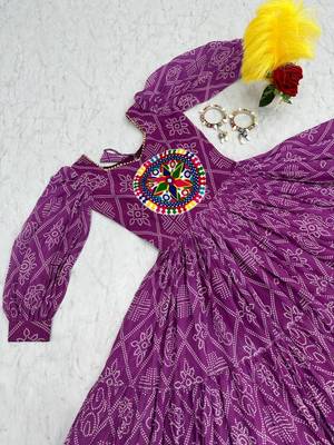 Navratri wear purple bandhni printed gamathi & mirror work long flared gown 5