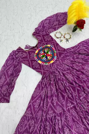 Navratri wear purple bandhni printed gamathi & mirror work long flared gown