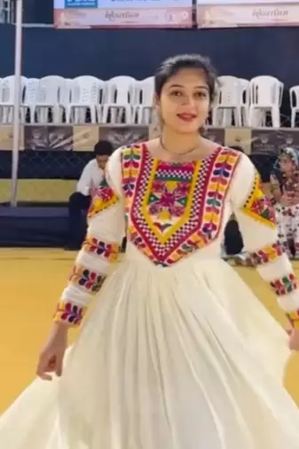 Navratri wear off-white fiyona silk gamthi & mirror work gown