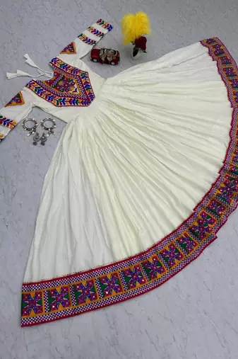 Navratri wear off-white fiyona silk gamthi & mirror work gown