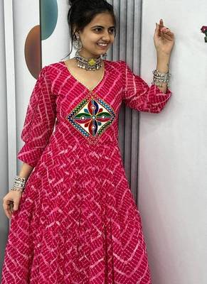 Navratri wear pink bandhni printed gamathi & mirror work long flared gown 2