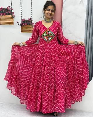 Navratri wear pink bandhni printed gamathi & mirror work long flared gown 3