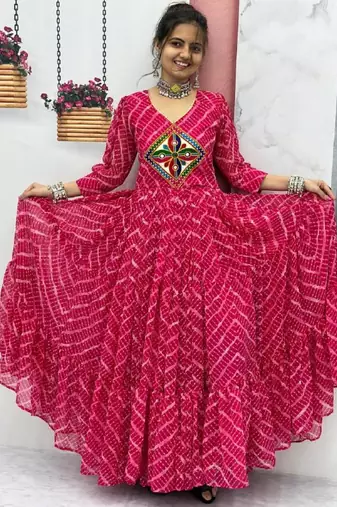 Navratri wear pink bandhni printed gamathi & mirror work long flared gown