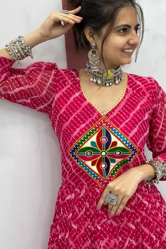 Navratri wear pink bandhni printed gamathi & mirror work long flared gown