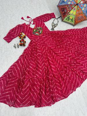 Navratri wear pink bandhni printed gamathi & mirror work long flared gown 5