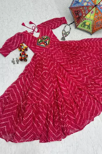 Navratri wear pink bandhni printed gamathi & mirror work long flared gown