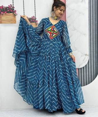 Navratri wear rama blue bandhni printed gamathi & mirror work long flared gown 1