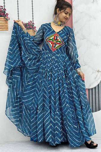 Navratri wear rama blue bandhni printed gamathi & mirror work long flared gown