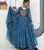 Navratri wear rama blue color bandhni printed gamathi & mirror work long flared gown full stitched.
