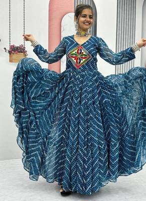 Navratri wear rama blue bandhni printed gamathi & mirror work long flared gown 2