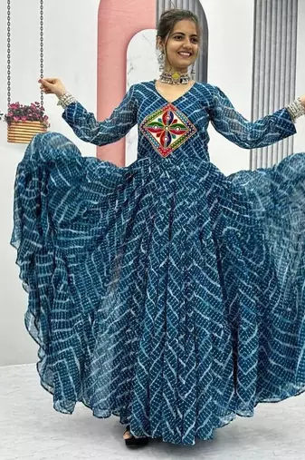 Navratri wear rama blue bandhni printed gamathi & mirror work long flared gown