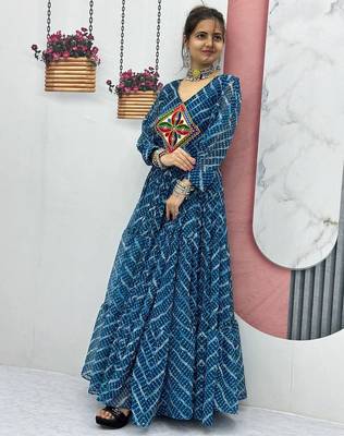Navratri wear rama blue bandhni printed gamathi & mirror work long flared gown 3